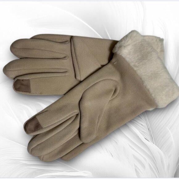 Beige Winter Gloves with Faux Fur Cuffs — Touchscreen Friendly - Picture 2 of 4